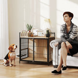 Dog Crate Furniture, Indoor Pet Kennel Side Table with Rotatable Bowls, 2 Anti-Escape Doors, for Medium Dogs