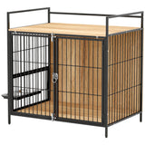 Dog Crate Furniture, Indoor Pet Kennel Side Table with Rotatable Bowls, 2 Anti-Escape Doors, for Medium Dogs