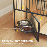 Dog Crate Furniture, Indoor Pet Kennel Side Table with Rotatable Bowls, 2 Anti-Escape Doors, for Medium Dogs