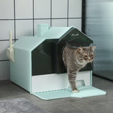 Hooded Cat Litter Box with Litter Mat, Litter Particle Catching – Light Blue