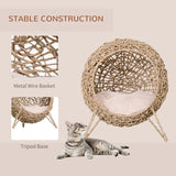 Weaved Cat Bed, Elevated Hand-Woven Braided Banana Leaf Kitten House Condo with Cushion
