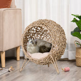 Weaved Cat Bed, Elevated Hand-Woven Braided Banana Leaf Kitten House Condo with Cushion