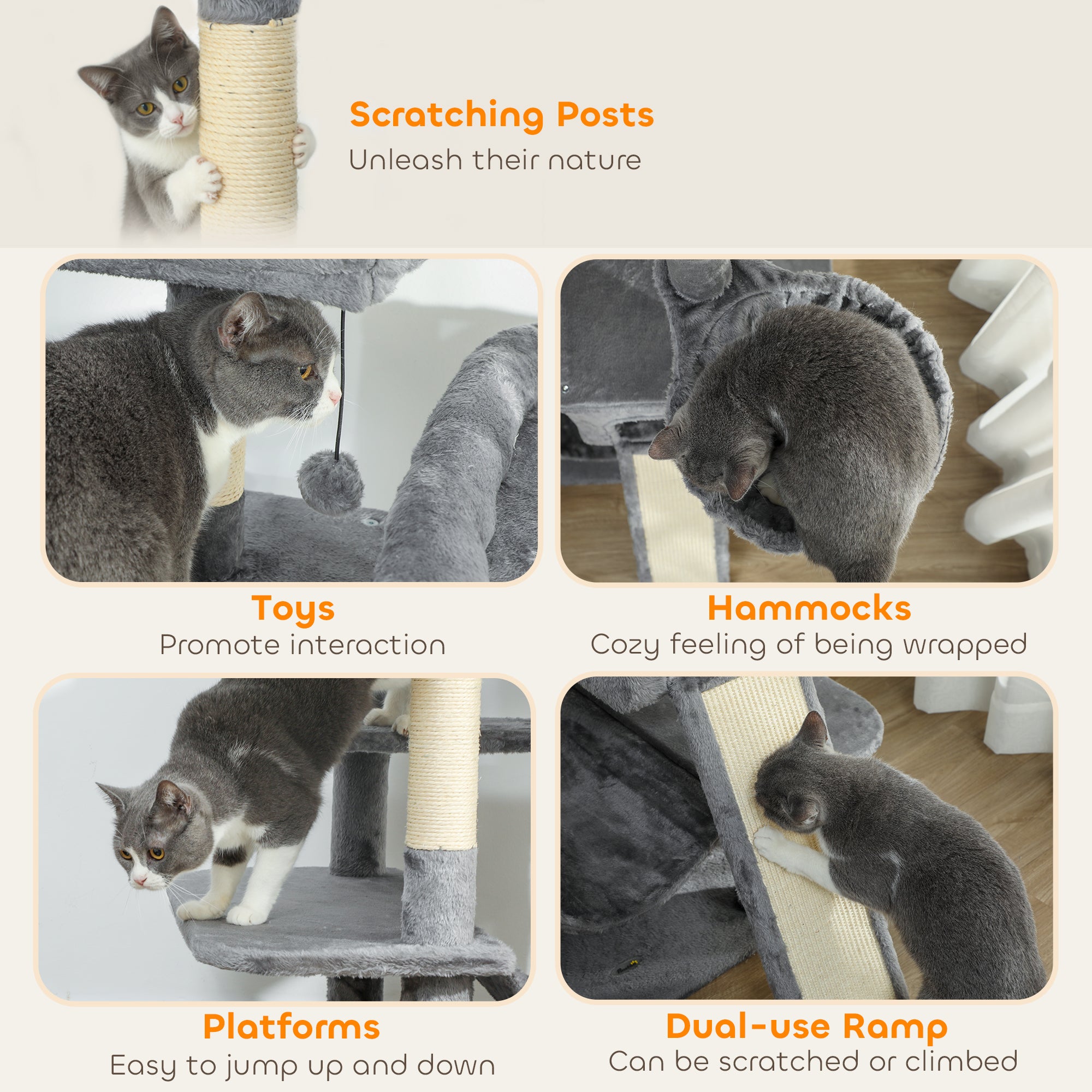 Cat Tree, Multi-Level Cat Tower with 2 Condos and 3 Hammocks, 8 Scratching Posts